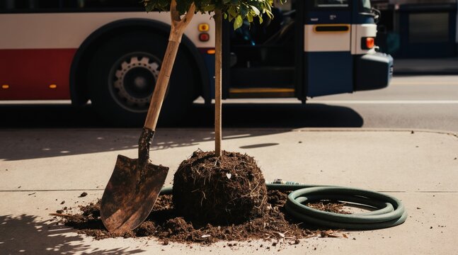Young tree with root ball and shovel planted on city sidewalk. Garden hose nearby. Urban street infrastructure with bus in background. Green plants growth, city beautification work.