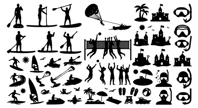 Summer Beach Activities Vector Icons Set: Surfing, Kayaking, Paddleboarding, Volleyball, Parasailing, Jet Skiing, Snorkeling, Beach Castles, Palm Trees, Flip Flops