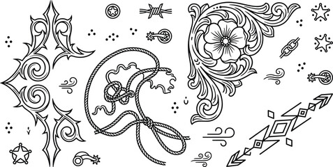 Western Cowboy Line Art Vector Elements Set Featuring Lasso Rope Floral Scrollwork Geometric Arrow and Barbed Wire for Rodeo Branding and Tattoos © MSTSULTANA
