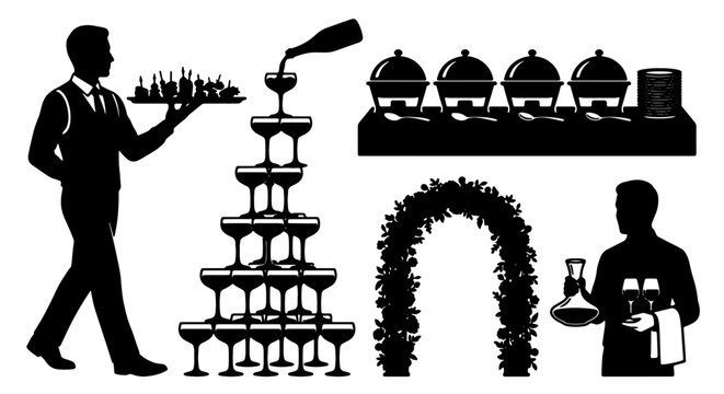 Event Catering Service Icons: Waiter Serving Champagne Tower, Buffet Warmers, Floral Arch, and Bartender with Drinks, Vector Set for Hospitality and Celebration Graphics