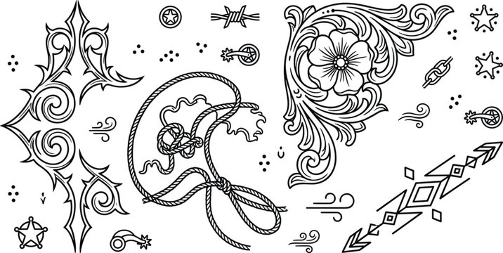 Western Cowboy Line Art Vector Elements Set Featuring Lasso Rope Floral Scrollwork Geometric Arrow and Barbed Wire for Rodeo Branding and Tattoos