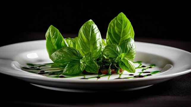 A gourmet presentation of basil leaves used as garnish on a plated dish with elegant lighting and refined styling
