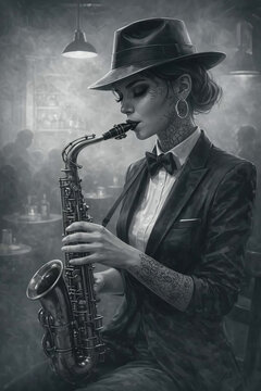 Atmospheric scene with a woman playing the sax. A warm amber light illuminates an intimate setting. The tattoos on the musician's neck and hands add a modern touch to the classic jazz aesthetic.
