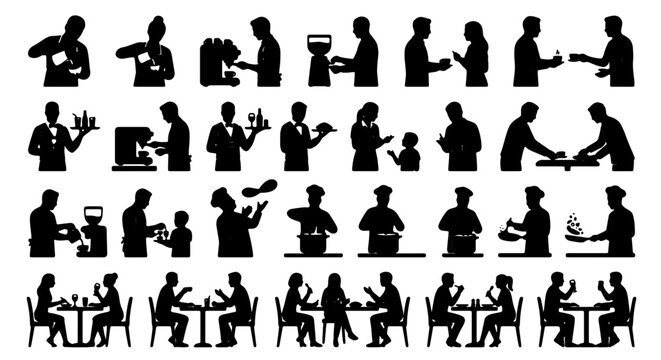 Diverse Silhouette Collection: Barista, Chef, Waiter, and Dining Scenes, 36 Vector Icons for Hospitality and Service Industries