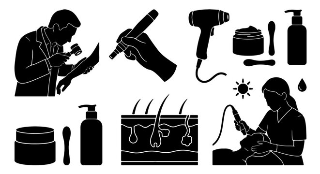 Cosmetology Equipment and Procedures Vector Icons Set, Beauty Salon Tools, Skin Care Treatments, Hair Follicle Illustration, Professional Aesthetics Collection