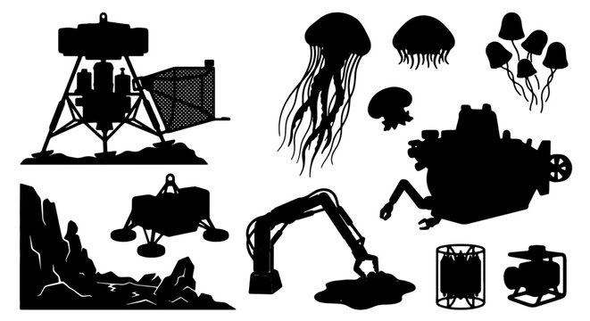 Diverse Silhouette Vector Icons: Space Lander, Jellyfish, Submarine, Excavator, and Fungi Collection