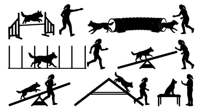 Dog Agility Training Silhouettes, Canine Obstacle Course Vector Set, Pet Sports Competition Icons, Obedience Training Graphics