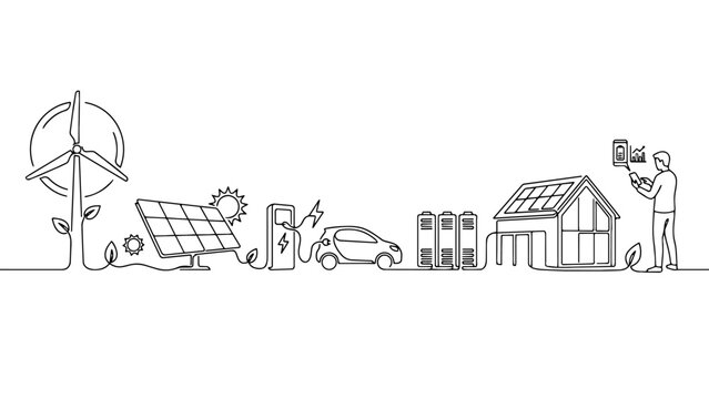 Continuous Line Renewable Energy Landscape Featuring Solar Power, Wind Turbine, Electric Vehicle Charging and Smart Eco Technology