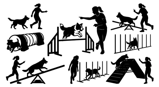 Dog Agility Training Silhouettes, Canine Sports Competition Vector Set, Obedience Course Action Poses, Pet Training Activities Collection