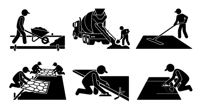 Construction workers pouring concrete, laying pavement, and tiling surfaces.  Set of 6 vector icons depicting building and road construction processes.