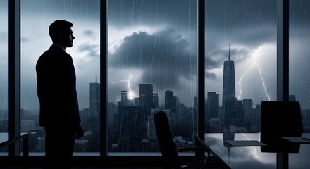 Fototapeta premium Businessman silhouette gazes at stormy city skyline with lightning strikes through office window