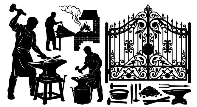 Blacksmith Craftsmanship Set: Forge, Anvil, Tools, and Ornate Gate Vector Illustrations for Industrial and Heritage Designs