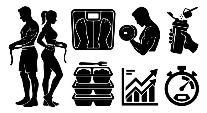 Fitness and Health Icons Set: Silhouette Figures, Weight Scale, Dumbbell, Meal Prep Containers, Progress Chart, Stopwatch, Protein Shaker