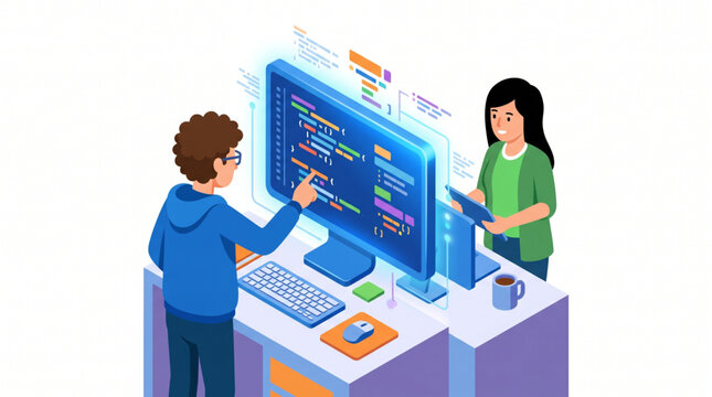Isometric illustration of software developers coding and programming software on computer screens