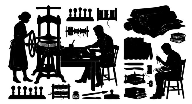 Vintage Printing Press, Bookbinding Tools, Silhouette Set: Historical Craftsmanship, Artisan Workshop Elements, Retro Publishing Graphics