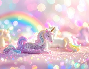 Enchanting unicorns with glitter and a rainbow in a dreamy, bokeh-filled background. Enchanting unicorns with glitter and a rainbow in a dreamy, bokeh-filled background.