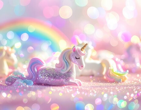 Enchanting unicorns with glitter and a rainbow in a dreamy, bokeh-filled background.