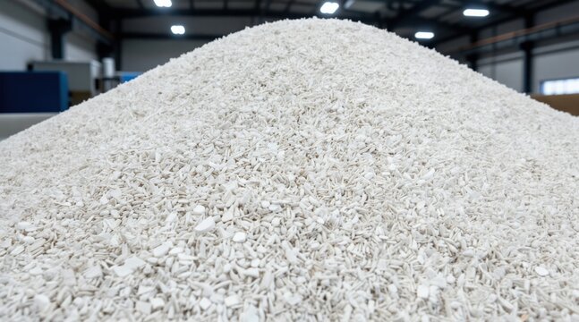 Pile of white plastic granules used for manufacturing. Recycled polymer pellets at factory. Raw material for eco-friendly production. Sustainable industry.