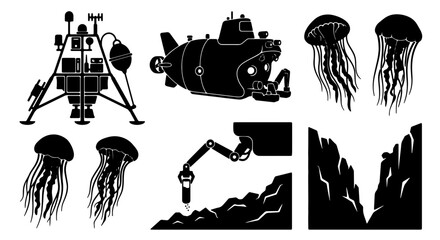Deep Sea Exploration Vector Icons: Submarine, Lander, Jellyfish, Robotic Arm, Ocean Floor, Canyons © Ehsanur
