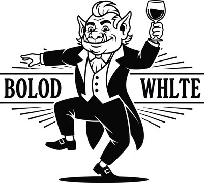 Cartoon elf in tuxedo holding wine glass, dancing, with text "bolod whlte