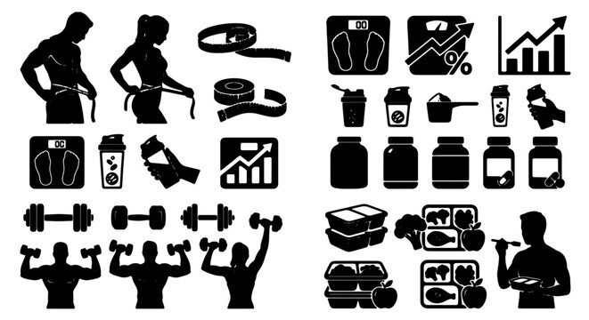 Fitness and Health Icons Set: Weight Loss, Nutrition, Exercise, and Bodybuilding Vector Graphics for Wellness and Diet Planning