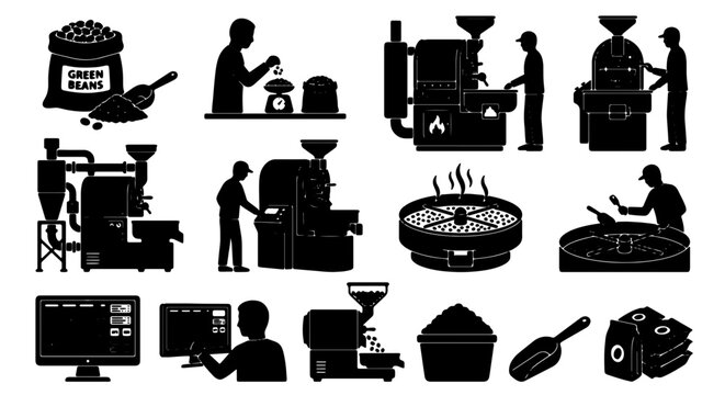 Coffee Roasting Process Icons, Vector Set: Bean Bag, Weighing, Roasters, Cooling, Packaging, Quality Control, Digital Monitoring