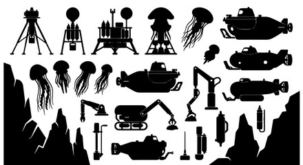 Underwater Exploration Vector Icons: Submarines, Jellyfish, Robotic Arms, and Lunar Lander Elements for Science and Technology Graphics © Saeedur