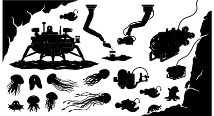 Deep Sea Exploration Vector Icons: Submersible, ROV, Lander, Jellyfish, Anglerfish, Marine Life, Underwater Technology, Scientific Research © Saeedur