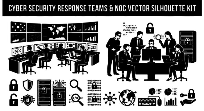 Cyber Security Response Teams & NOC Vector Silhouette Kit: Network Operations Center, Data Monitoring, Security Professionals, Digital Defense Icons, and Teamwork Graphics
