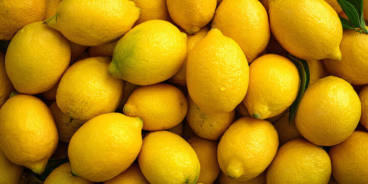Pile of Fresh Yellow Lemons with Green Leaves Top View