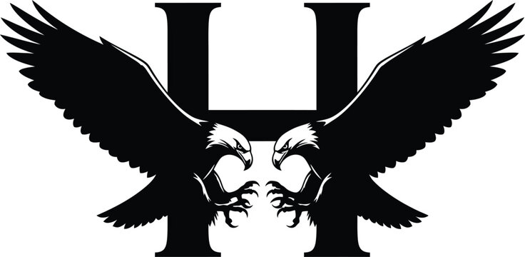 Letter M shaped monogram with majestic eagle flying silhouette for creative corporate business branding logo design