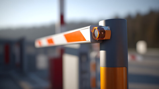 Industrial road barrier control system close-up with orange and white stripes, safety entrance, and blurred background during daytime