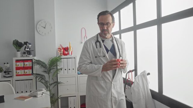 Middle aged man doctor holding a red coffee cup, stethoscope visible, hands cradling mug by large window in clinic building; quiet fatigue reflection.