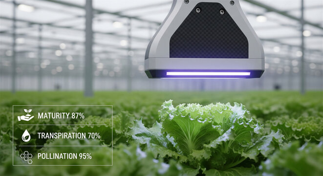 Smart agriculture robot scanning green lettuce in greenhouse, automated farming technology with digital data overlay, precision agritech system