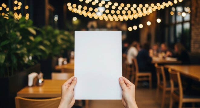 Close up of hands holding a blank white brochure template in a cozy restaurant