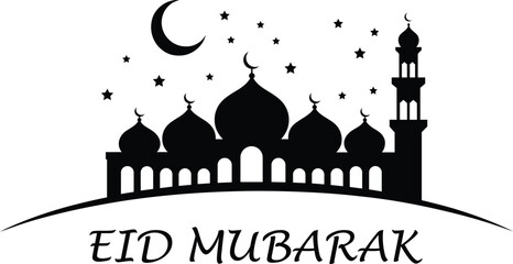 Eid Mubarak greeting card with mosque silhouette and crescent moon stars © MDmamun