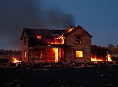 Brick house engulfed in flames at dusk. Fire consumes roof and walls. Smoke rises against dark blue sky. Rural landscape surrounds burning structure.