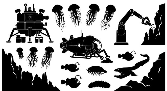 Deep Sea Exploration Vector Icons: Submersible, ROV, Marine Life, and Underwater Terrain Elements for Science and Technology Projects