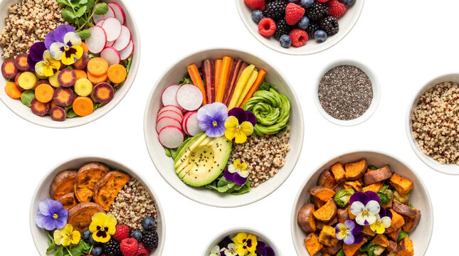 Healthy Buddha bowls with fresh vegetables and edible flowers, nutritious vegan salad bowls with avocado and berries, colorful plant-based meal prep isolated PNG with Transparent Background