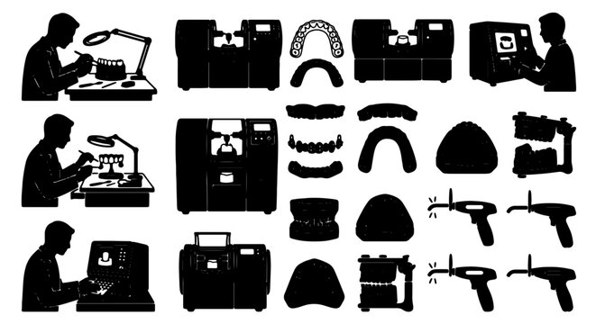 Dental Lab Technology Icons: 3D Printing, Milling, and Prosthetics Production, Silhouette Set for Medical Industry