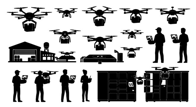 Drone Delivery Icons Set, Aerial Logistics and Automated Package Transport Vector Graphics, Future Shipping Technology Collection