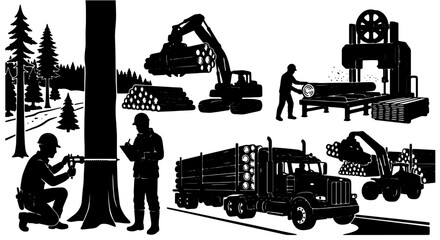 Forestry and Lumber Production: Logging, Sawmill Operations, and Timber Transport Vector Set, Illustrating Wood Industry Processes © Shahinur