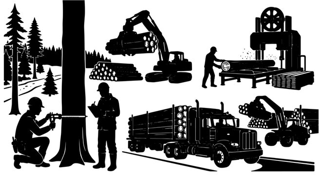 Forestry and Lumber Production: Logging, Sawmill Operations, and Timber Transport Vector Set, Illustrating Wood Industry Processes
