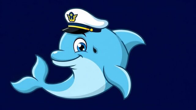 Cartoon dolphin wearing a captain hat on blue background