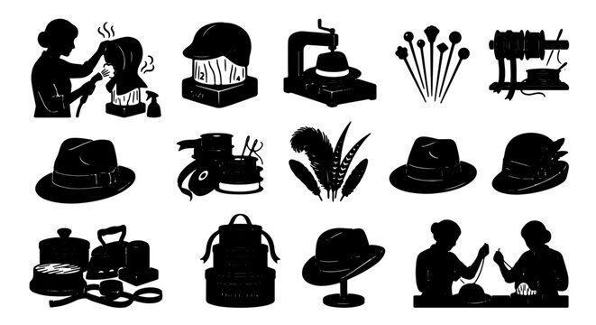 Millinery Icons Set, Hat Making Tools and Accessories Vector Collection, Crafting and Fashion Design Elements