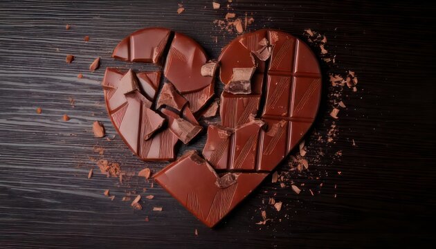 Broken chocolate heart on dark wood surface, symbolizing heartbreak.
