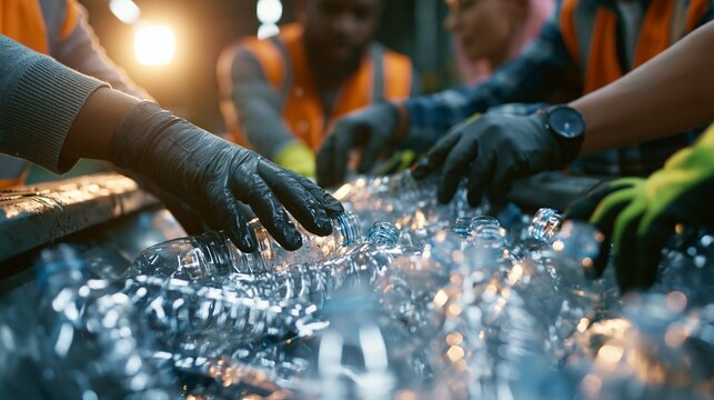 Diverse team members carefully loading clear bottles into an industrial compactor vibrant cinematic lighting highlighting focused hands amidst a blurred recycling plant background.