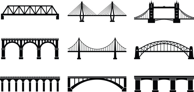 Bridge vector icon set with different architectural styles including suspension truss arch and cable stayed structures isolated on white background