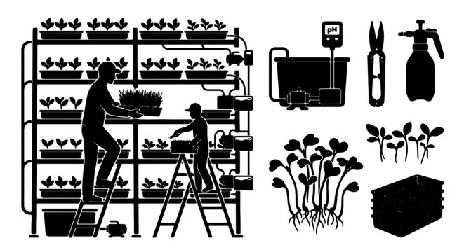 Vertical Farming Icons Set, Hydroponic Systems, Urban Agriculture, Growing Plants, Sustainable Food Production, Silhouette Elements