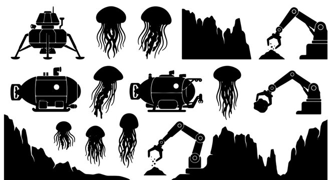 Underwater Exploration Set: Submarine, Lander, Robotic Arms, Jellyfish, and Rocky Terrain Vector Icons
